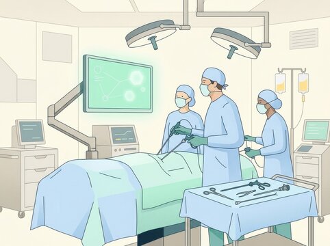 Surgeons performing laparoscopic surgery in operating room with medical monitors