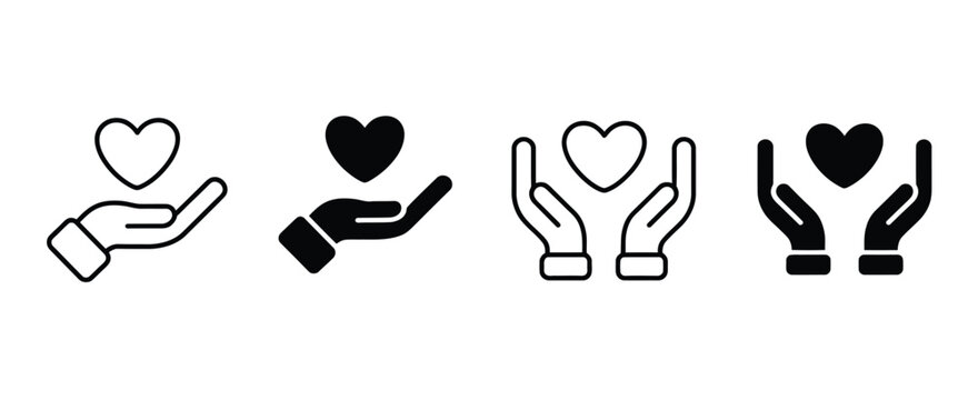 Hands holding heart icon vector set featuring love, healthcare, and donation symbols in flat and line style for medical aid design.