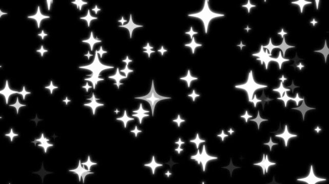 Glitter star twinkle shine animation created in After Effects, white cartoon blinking stars, flat vector doodle style, glowing light trails on black background