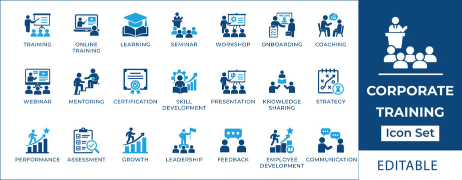 Corporate training icon set featuring professional development, e-learning, leadership coaching, career growth, employee onboarding, mentorship, and seminar presentation symbols.