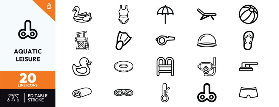 Water recreation icons flat line art set depicting swimming surfing boating beach leisure symbols for branding marketing and web design