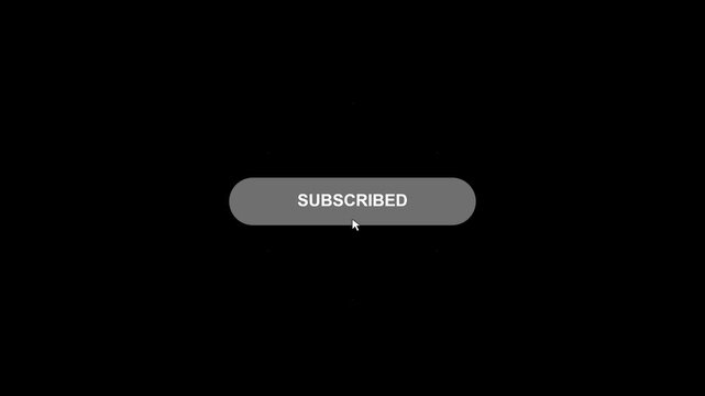 Animated Red Subscribe Button Transition to Grey Subscribed State with Mouse Pointer and Burst Effect on Black Background