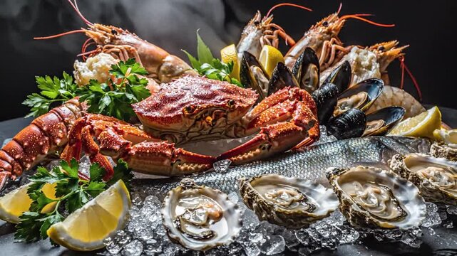 Steaming Gourmet Seafood Platter With Lobster Crab Oysters And Shrimp On Ice Dark Background
