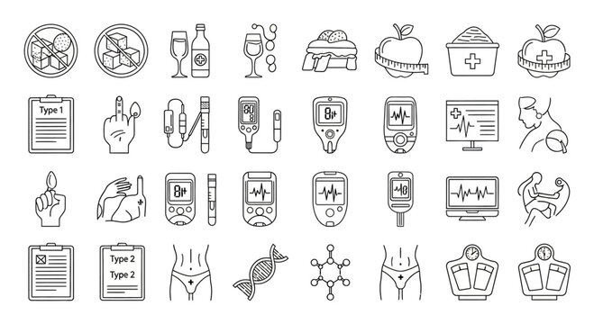 Set of diabetes and blood glucose monitoring hand drawn icons.