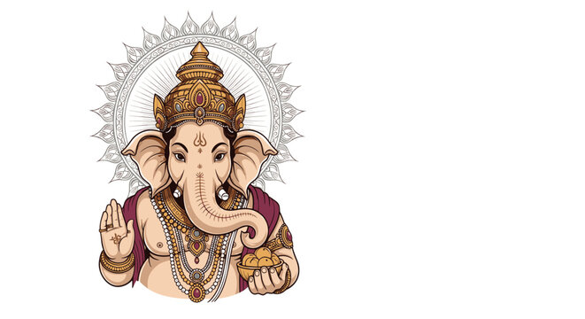 Decorative illustration of Hindu God Ganesha with ornate mandala backdrop