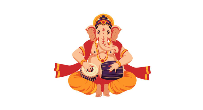 Lord Ganesha playing tabla drum in a colorful flat vector illustration