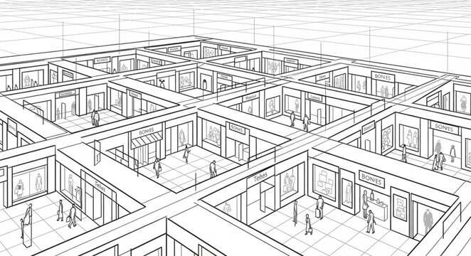 Architectural drawing of a complex building interior layout.