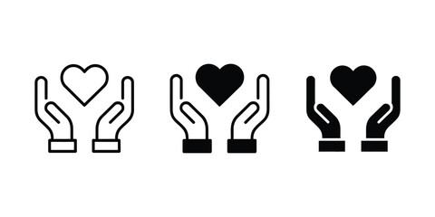 Obraz premium Heart in hands icon vector set featuring charity, donation, and love symbols for volunteer help, support, and kindness design.