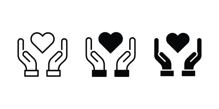 Heart in hands icon vector set featuring charity, donation, and love symbols for volunteer help, support, and kindness design.