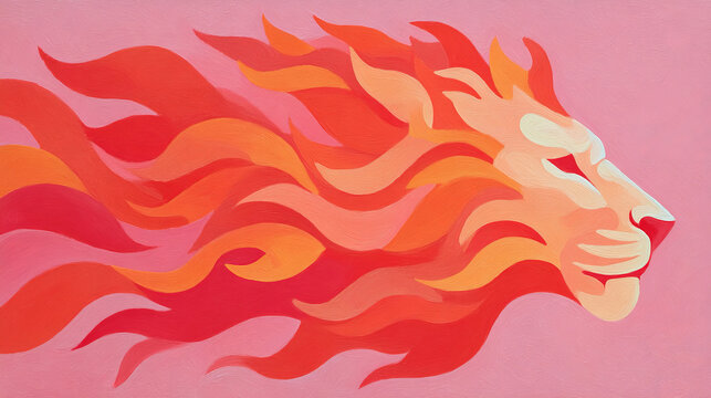 A stylized profile of a lion's head where the mane is composed of flowing, vibrant orange and red flames, set against a solid, contrasting pink background.