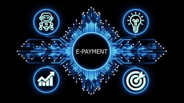 e-payment logo on glowing circuit board network, connected business icons for finance, analytics, partnership, growth and innovation on black background