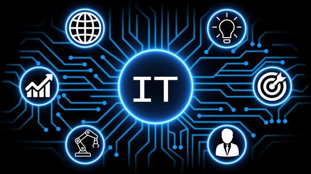 IT concept with circuit lines and digital symbols hovering above a businessman, technology. manufacturing process management all connected in a digital circle like pattern.