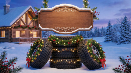 Fototapeta premium Festive Christmas tires with decoration for winter holiday celebration. car service advertisement background with snow, light, cozy cabin, and blank wooden sign