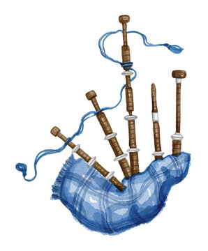 Watercolor blue bagpipe isolated on white background