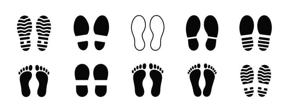 Footprint silhouette vector collection including sneaker, boot, barefoot, and high heel tracks for human steps and movement design elements.