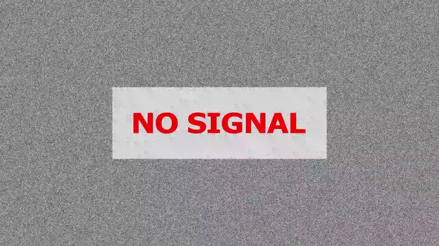 A static tv screen with no signal text glitching and moving on screen with noise and interference.