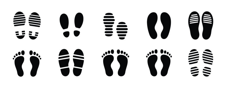 Human footprints vector set featuring shoe sole, sneaker, boot, barefoot, high heel, and kids&rsquo; steps silhouettes for tracking and design.