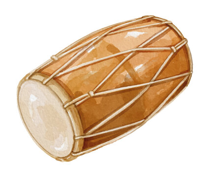 Watercolor traditional Indonesian kendang on white background