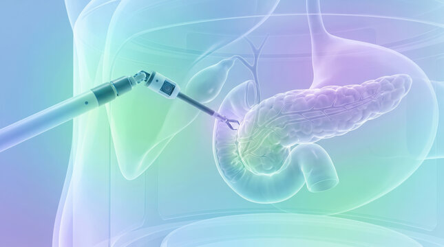 Minimally invasive robotic surgery tool for pancreas treatment. Medical technology concept showing detailed anatomy and organ structure with sense of hopeful precision