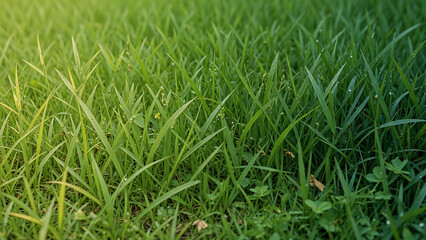 Fototapeta premium Vibrant Green Grass Blades Covered in Morning Dew Sunlight Glow