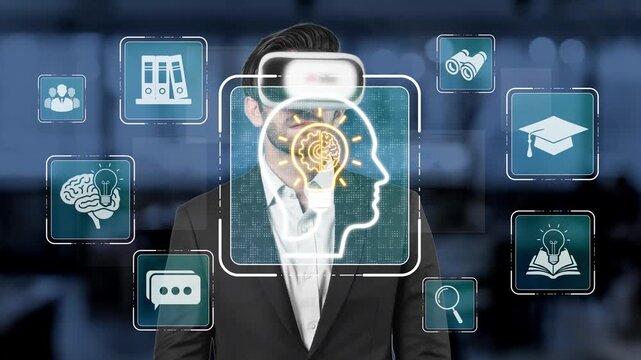 Modern Businessman with Digital Brain Icons and Technology Symbols in a Futuristic Office Environment for Concepts of Innovation and Knowledge Management Sigmoid