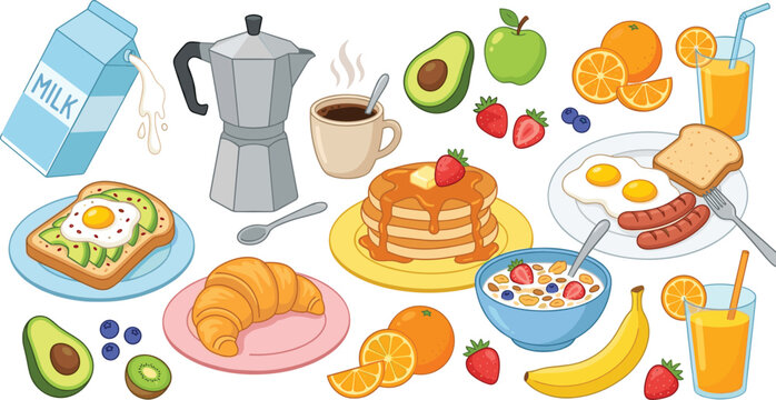 Healthy Breakfast Collection Featuring Pancakes, Avocado Toast, Coffee, Milk, Fruits, and More for Morning Meals Illustrations
