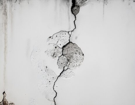 Close-up shot of a cracked and damaged white wall with dark stains and crumbling texture.