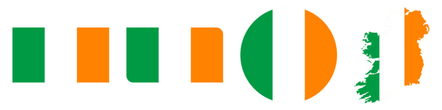 ireland circular, ireland rectangular, and ireland map flag flat icon