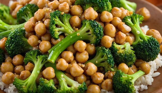 chickpea and broccoli stir fry with rice on a plate