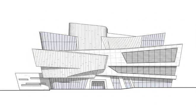 Futuristic Cultural Center Elevation CAD Drawing with Angular Facade Geometry and Parametric Architecture