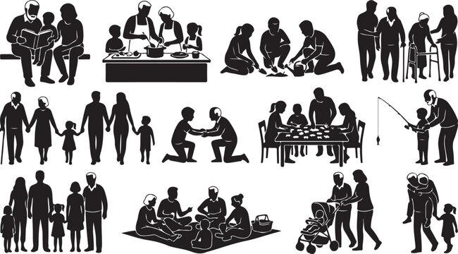 Set of black silhouettes showing happy families and seniors in various daily activities like eating cooking walking and playing together as a group isolated on white background, Vector, illustration