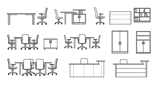 Office Furniture CAD Block Collection with Workstations, Chairs, Desks and Storage Units in Plan and Elevation
