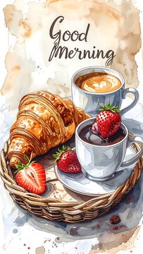 A watercolor painting of a breakfast setting