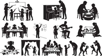 Silhouettes of children and parents engaging in creative learning activities like painting music pottery and games together as a family collection isolated on white background, Vector, illustration © RobiulIslam