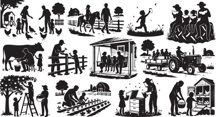 Set of black silhouettes of farm life showing families working with animals and crops on a rural ranch with barn and tractor in a countryside isolated on white background, Vector, illustration © Shammi