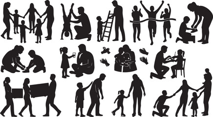 Fototapeta premium Set of black silhouettes showing happy families and parents with children doing daily activities and playing together in various situations isolated on white background, Vector, illustration