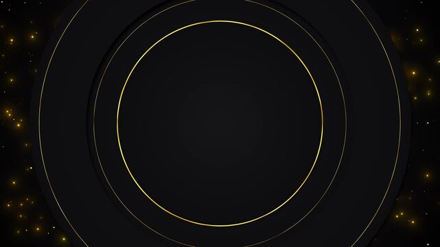 Black and gold circular frame background minimal center, metallic rings, soft particle glow, premium luxury style. logo reveals, product promos, elegant title screens, corporate , modern overlays.
