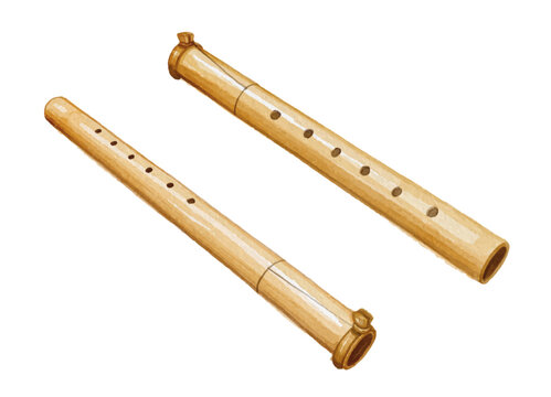 Hand painted watercolor bamboo flute isolated