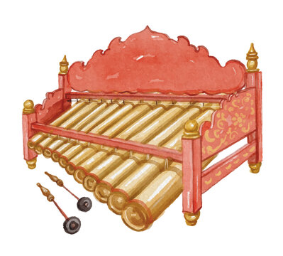 Watercolor traditional Balinese gamelan rindik on white background
