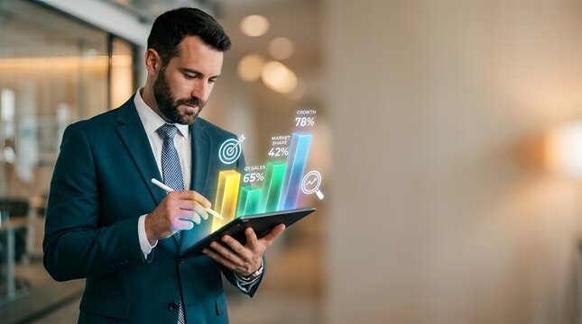 Businessman in a suit using a tablet with stylus to analyze a holographic 3D bar chart showing Q1 sales, market share, and growth percentages in a modern office setting.