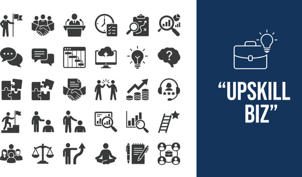 Icons represent professional development and corporate growth skills.