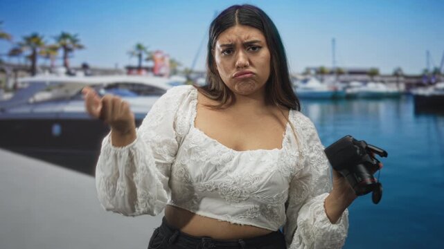 Woman holding dslr camera making pinching fingers gesture on street by marina with pout and shrug expression; frustration minor inconvenience.