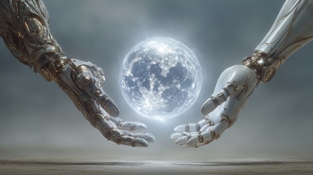 Futuristic robotic hands gently holding glowing full moon in dark misty atmosphere
