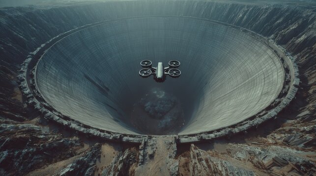 Large circular deep pit with drone flying over barren rocky terrain landscape