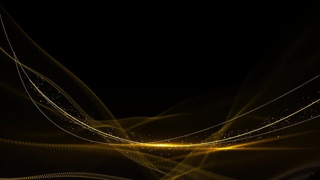 Gold abstract wave background flowing mesh lines, glowing particle dots, dark space, cinematic movement. luxury promos, technology titles, premium intros, data visuals, elegant overlays, and animation