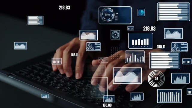 Close-up of hands typing on a laptop keyboard, surrounded by a digital display of analytics, graphs, and data visualizations for modern technology and business needs. Xenic