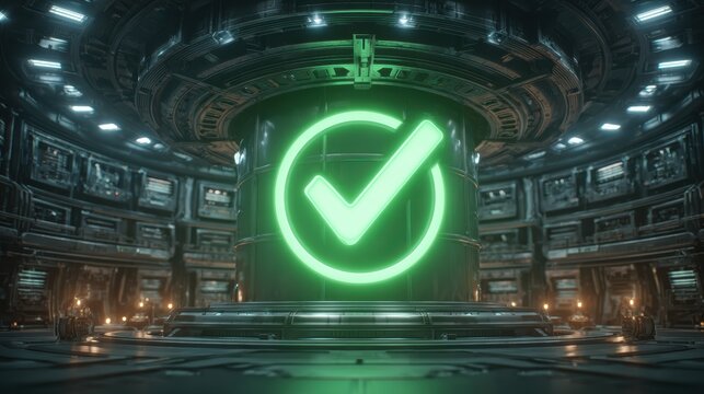 Futuristic glowing green check mark inside high-tech metallic control room interior