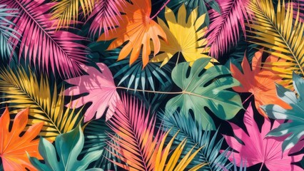 Naklejka premium Mixed tropical leaves arranged across dark flat surface