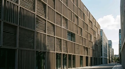 Fototapeta premium Modern architectural building with louvred facade on sunny day, urban street