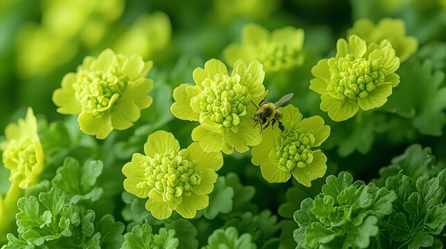 Vibrant yellow flowers, bee pollinating, close-up